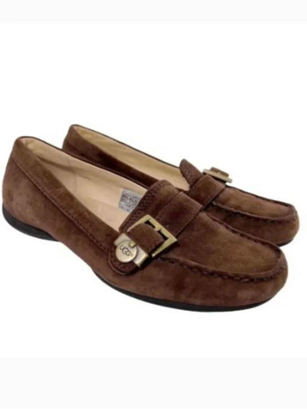 UGG Crawford Suede Loafers 8 Brown Driving Moccasin Leather Slip On Brass Buckle